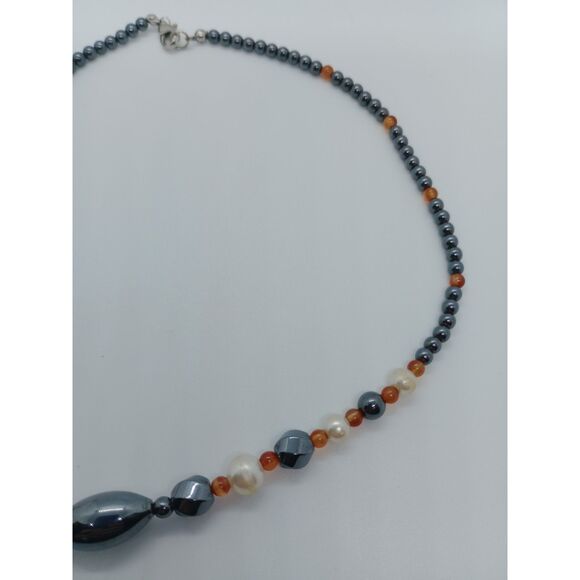 Hematite Faux Pearl Orange Beaded Silver Tone 20" Lobster Clasp Necklace - Picture 5 of 6